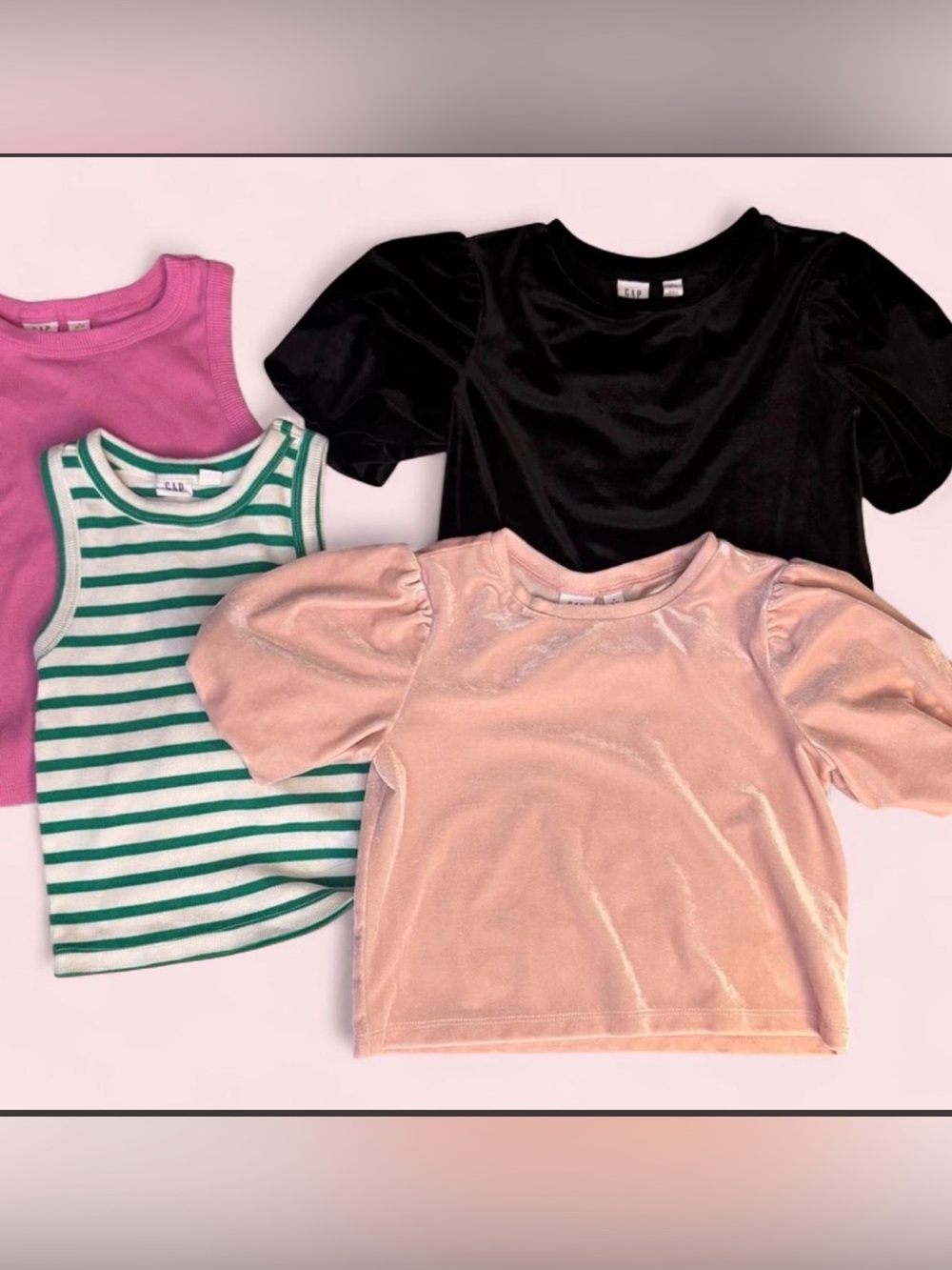 GAP Kids Velvet Puff-Sleeve Tops Black Pink. Tank tops pink white/green-BUNDLE